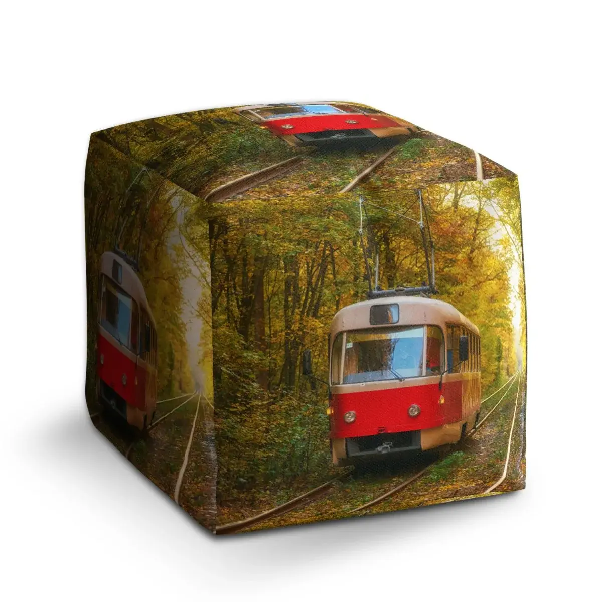 Taburet Cube Červená tramvaj v lese - 60x60x60 cm
