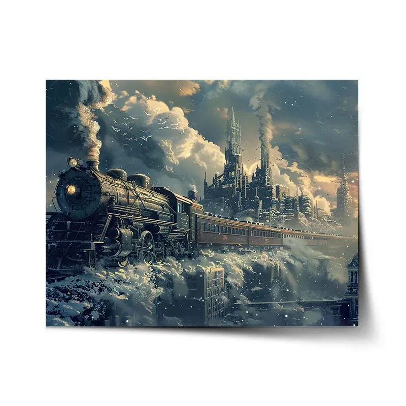 Plakát Parní lokomotiva v zasněženém městě - 90x60 cm