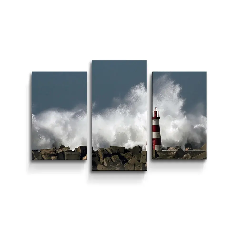 Obraz - 3-dílný Maják ve vlnách - 75x50 cm