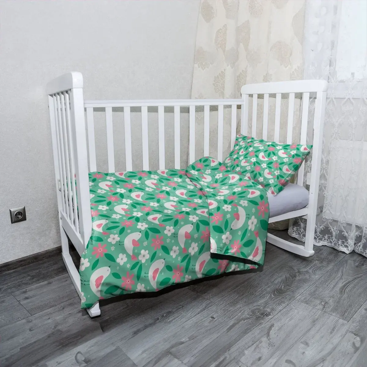 Mikroplyšové dětské povlečení do postýlky Květiny a ptáčci