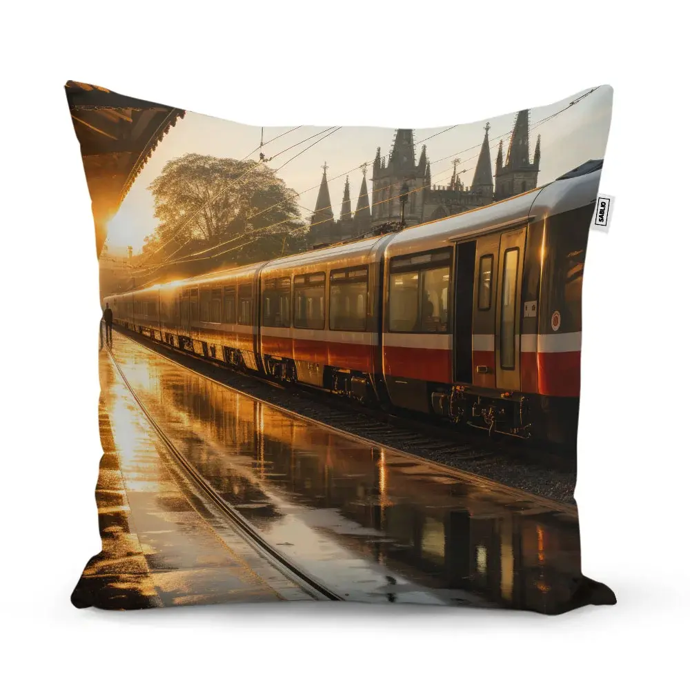 Polštář Vlak na nádraží při východu slunce - 60x60 cm