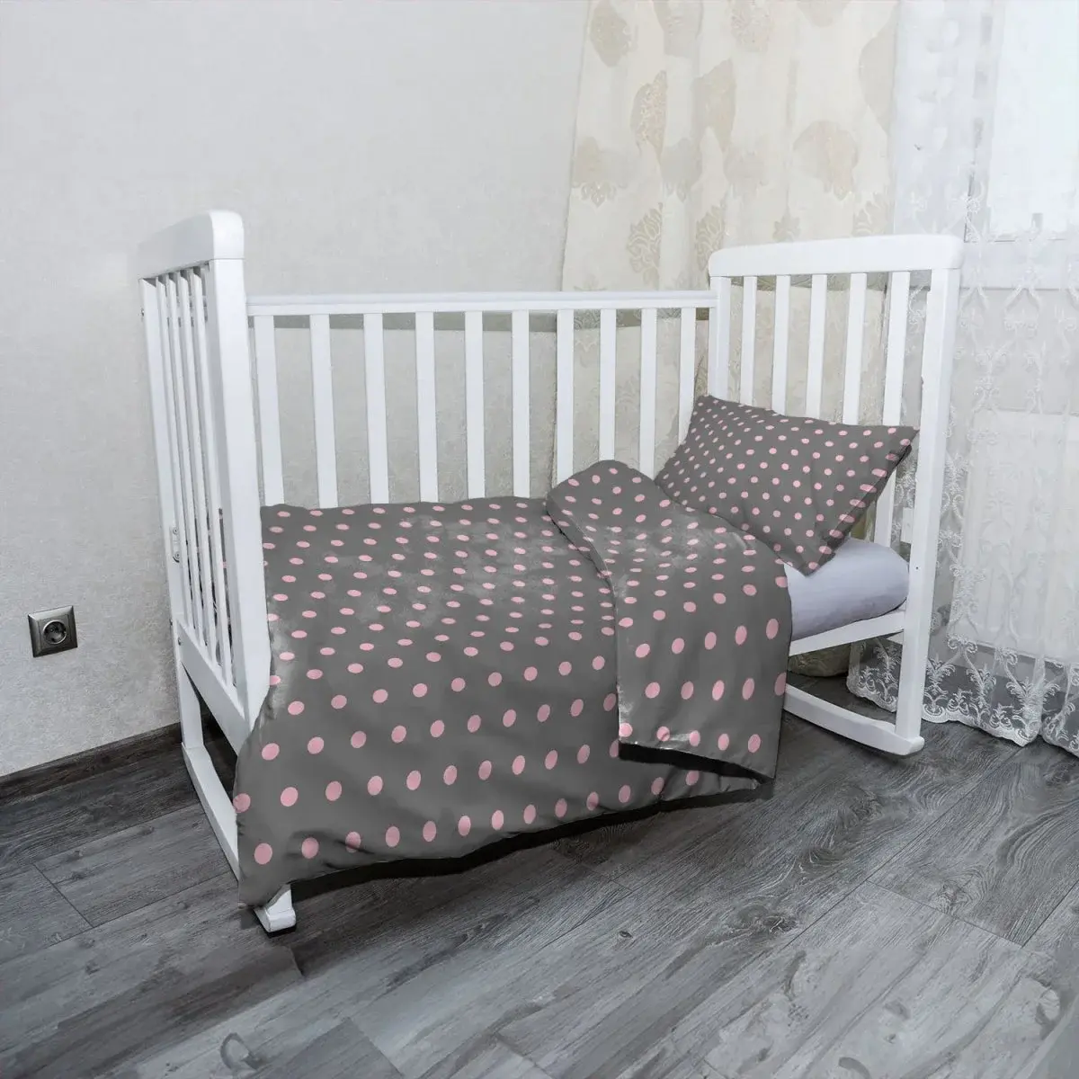 Mikroplyšové dětské povlečení do postýlky Růžové puntíky na šedé - 100x135 / 40x60
