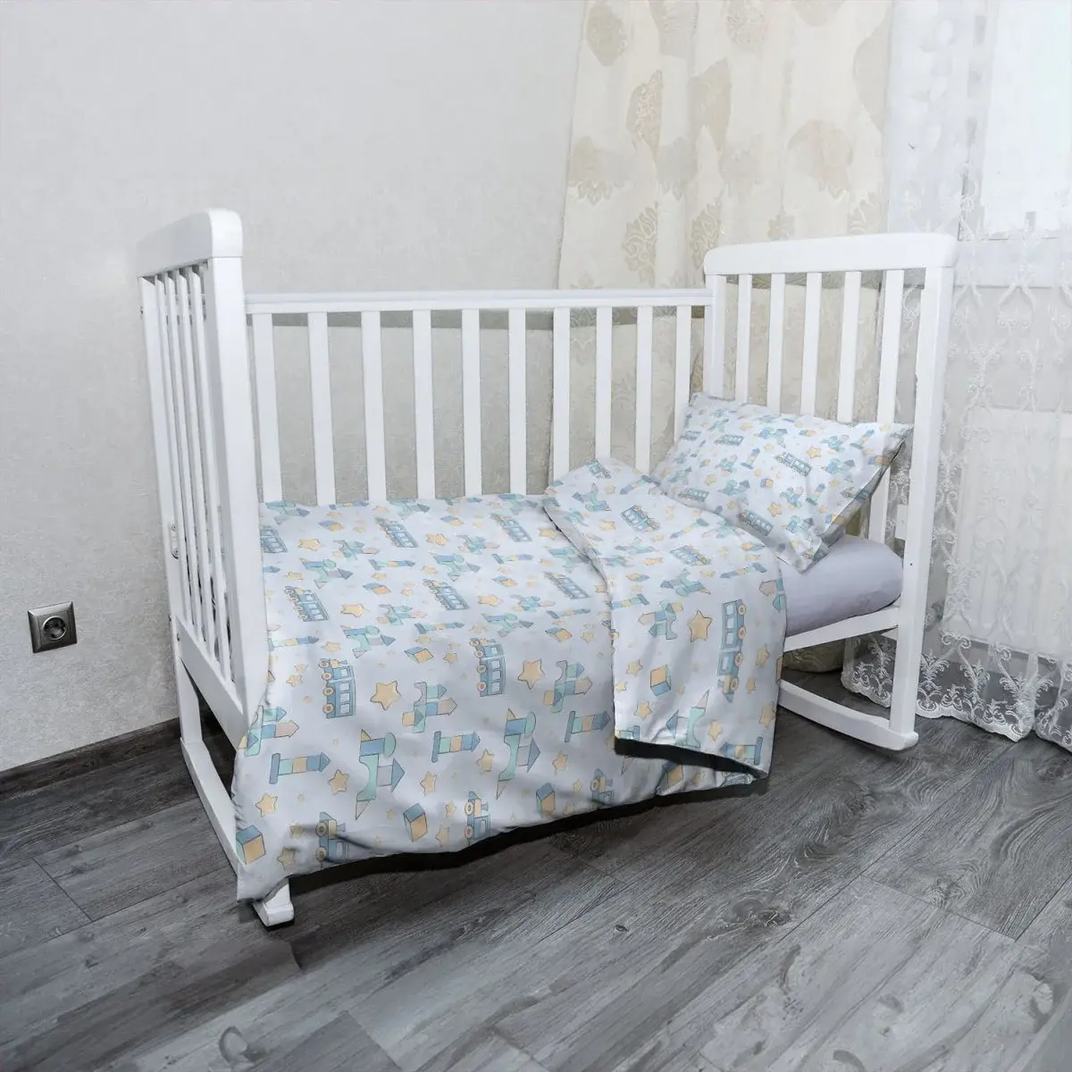 Mikroplyšové dětské povlečení do postýlky Stavebnice a vláčky - 130x90 / 40x60