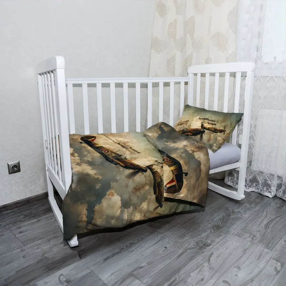 Mikroplyšové dětské povlečení do postýlky Stíhačky Spitfire v letecké bitvě