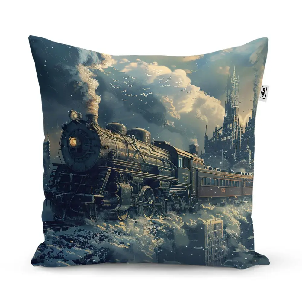 Polštář Parní lokomotiva v zasněženém městě - 50x50 cm