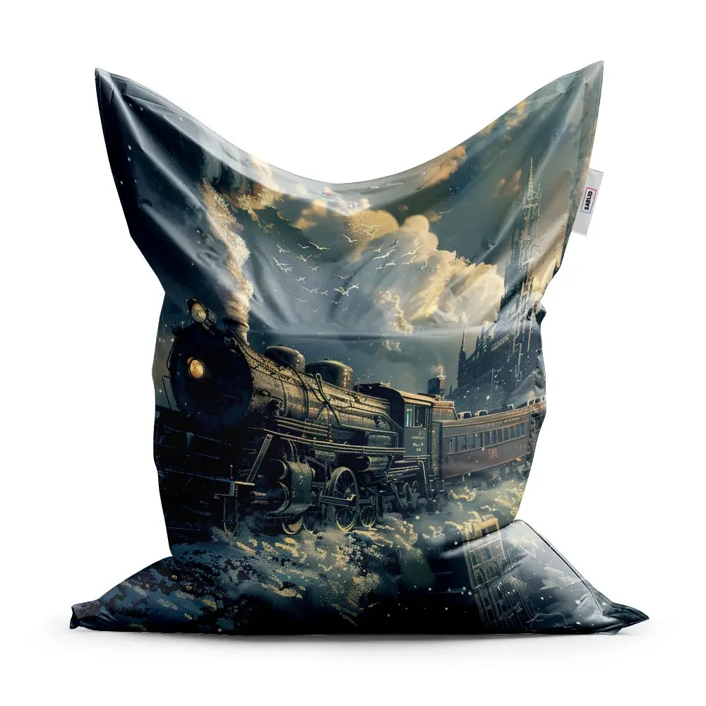 Sedací vak Parní lokomotiva v zasněženém městě - 150x100 cm