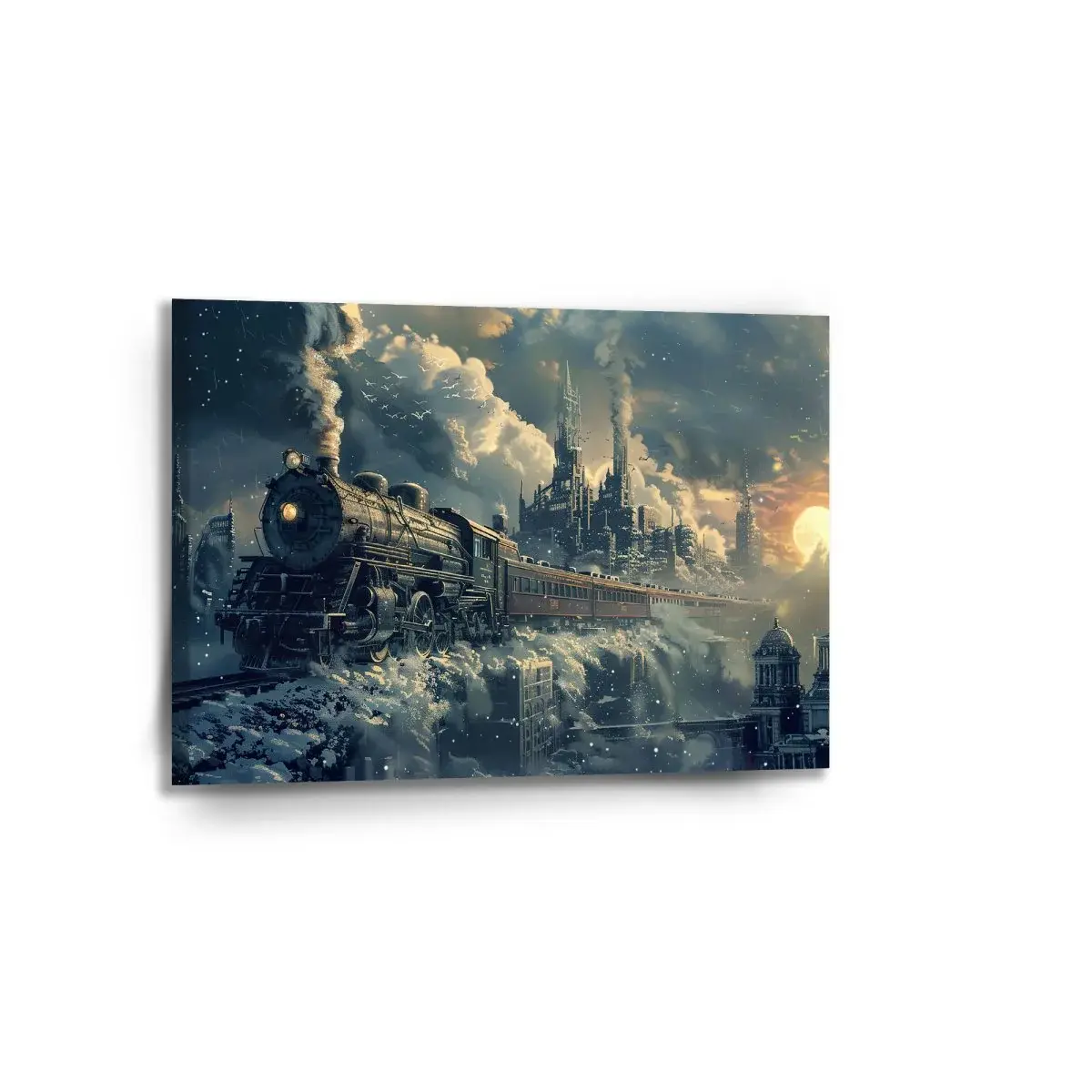 Obraz Parní lokomotiva v zasněženém městě - 90x60 cm