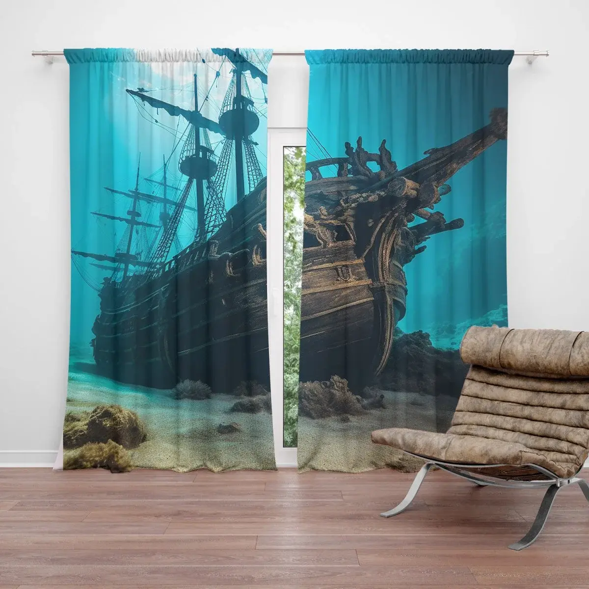 Závěs Vrak dřevěné lodi na dně moře: 2ks 140x250cm
