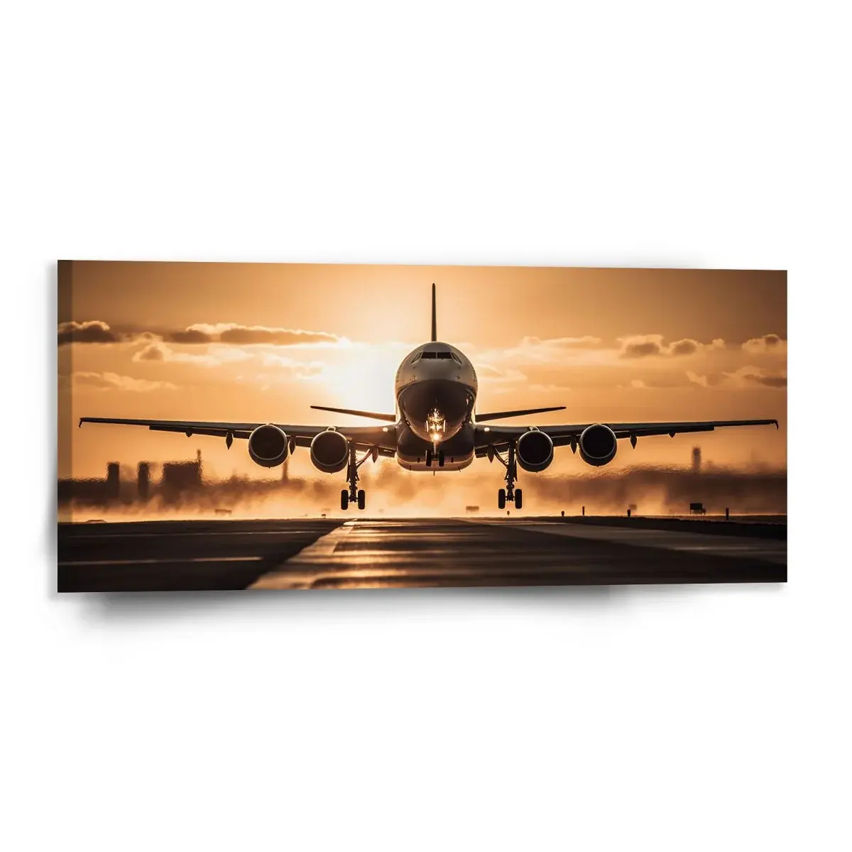 Obraz Letadlo přistávající při západu slunce - 110x50 cm