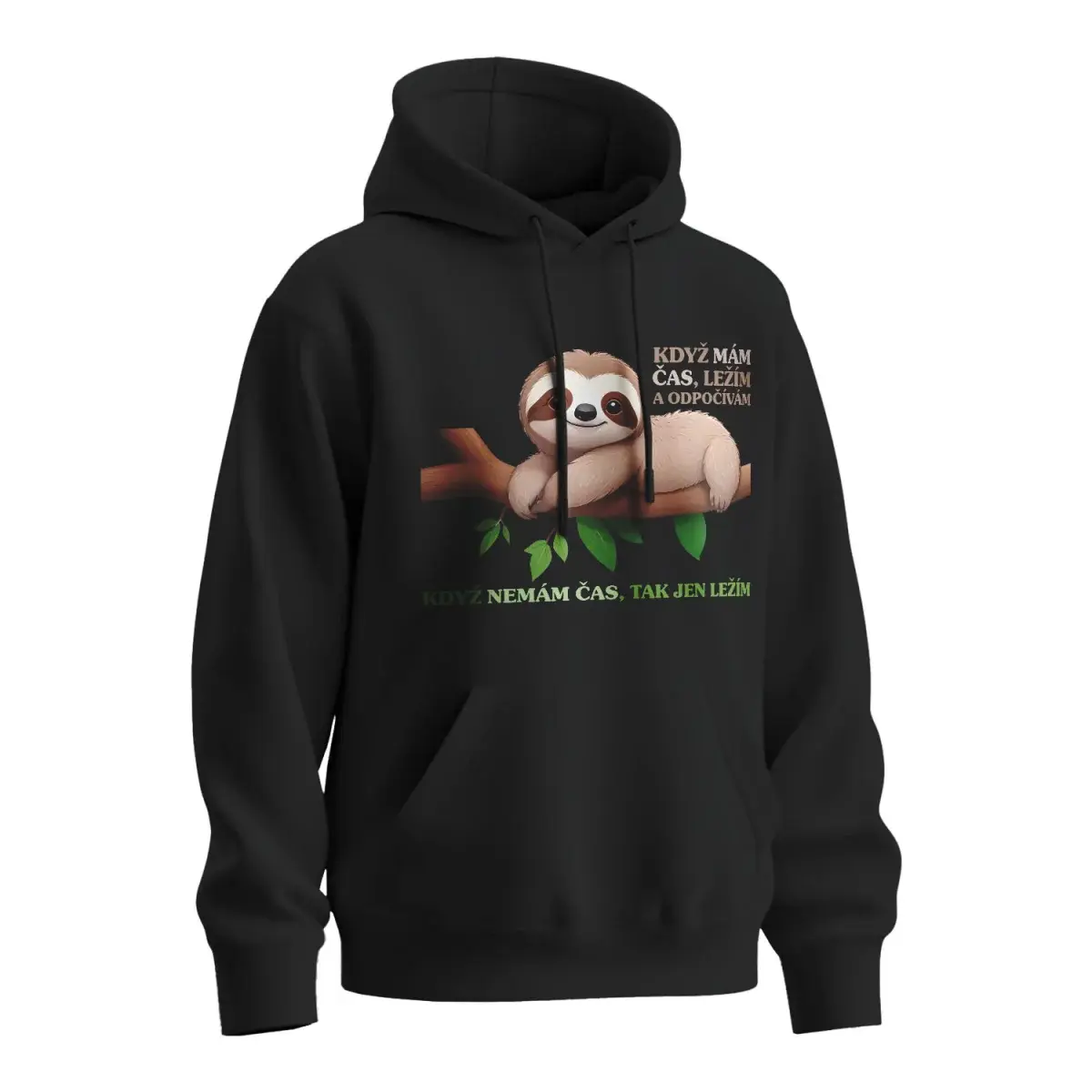 Mikina s potiskem Lenochoda Když mám čas, ležím a odpočívám - černá 4XL