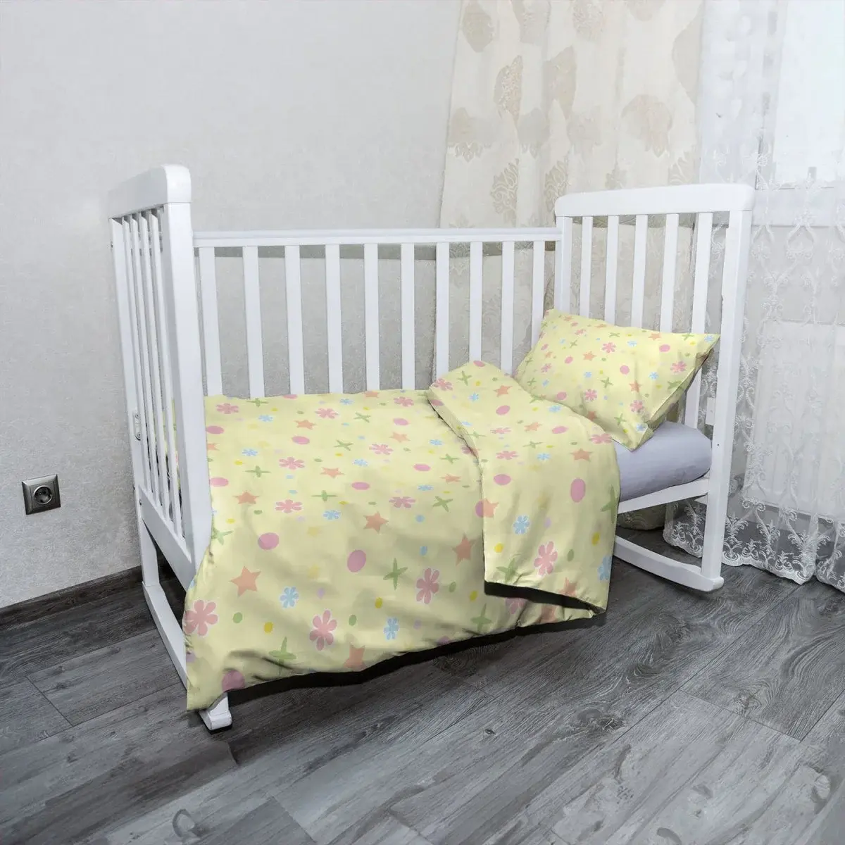 Mikroplyšové dětské povlečení do postýlky Hvězdy, květy a puntíky