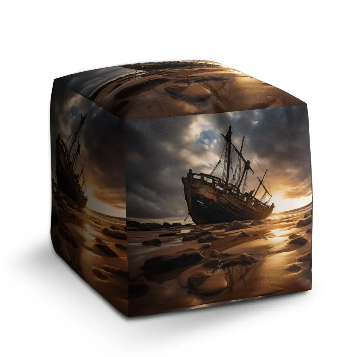Taburet Cube Vrak lodi při západu slunce - 40x40x40 cm