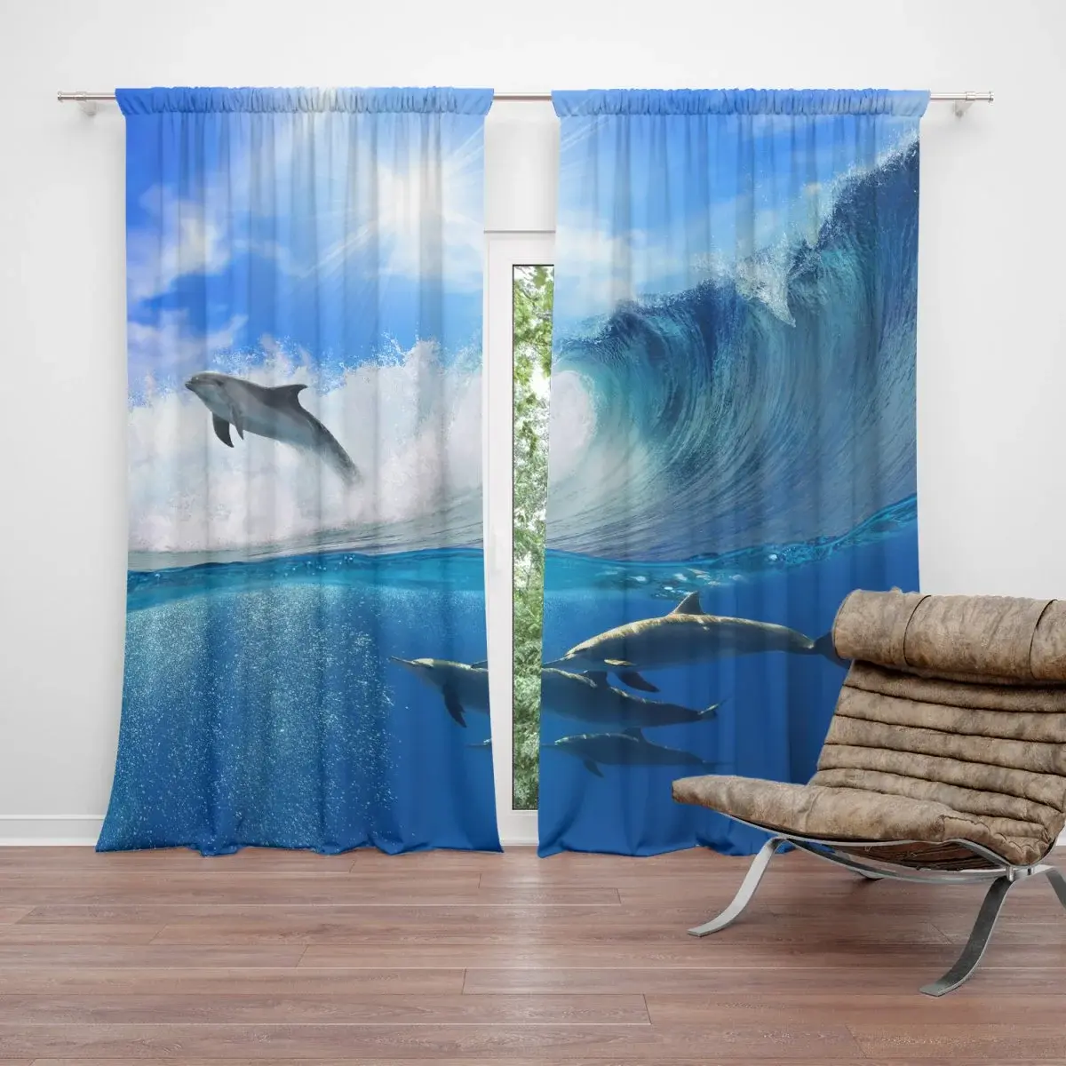 Závěs Delfíni ve vlnách: 2ks 140x250cm