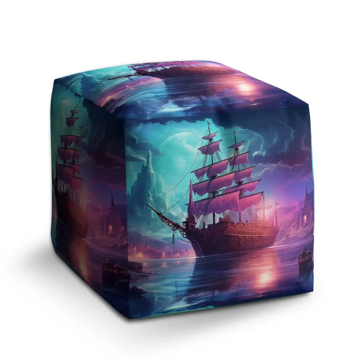 Taburet Cube Magická plachetnice pod měsícem - 50x50x50 cm
