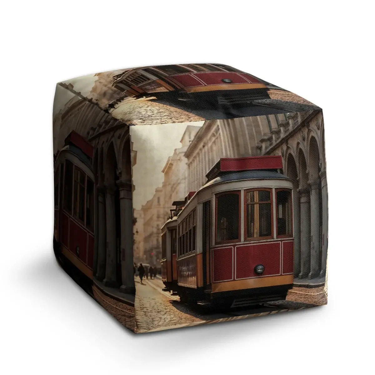 Taburet Cube Historická červená tramvaj - 60x60x60 cm