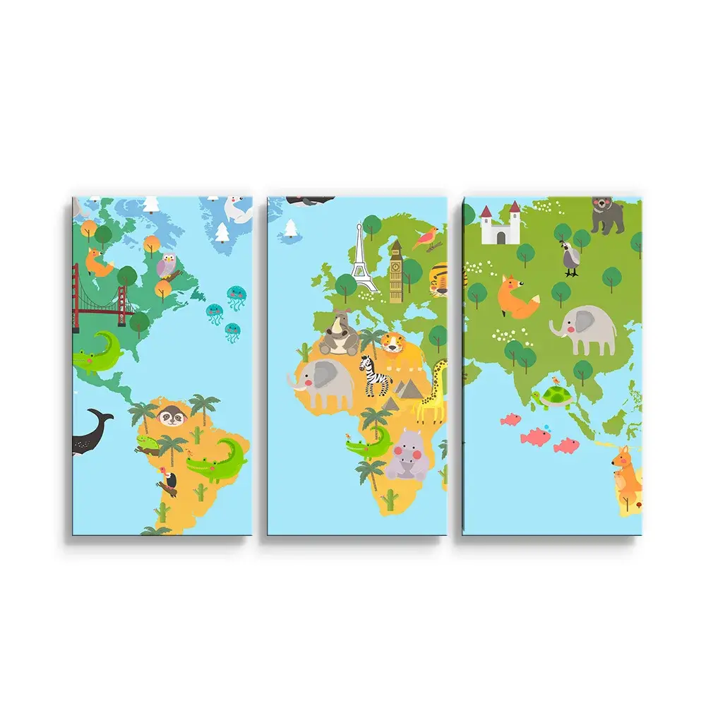 Obraz - 3-dílný Zvířecí mapa světa - 120x80 cm