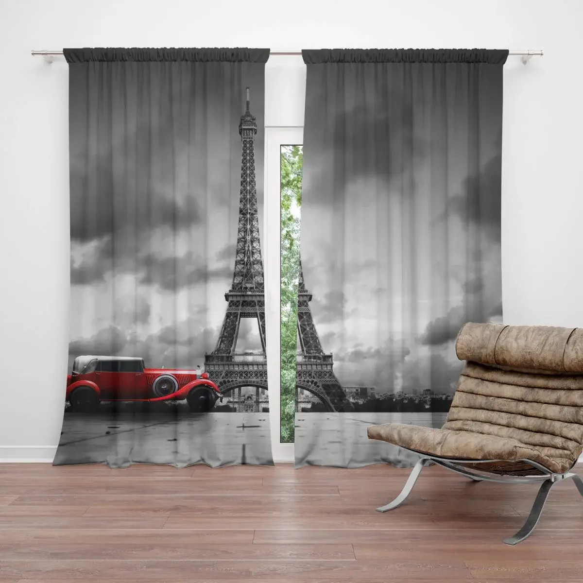 Závěs Eiffelova věž a červené auto: 2ks 140x250cm