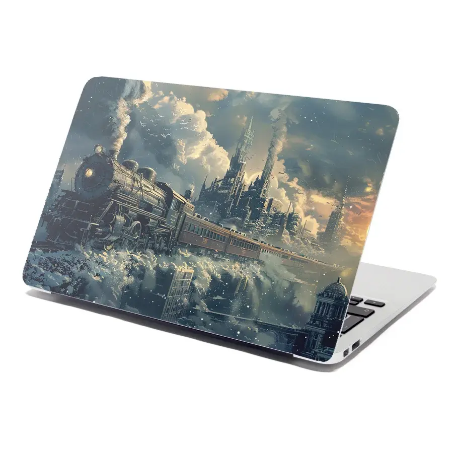 Samolepka na notebook Parní lokomotiva v zasněženém městě - 29x20 cm