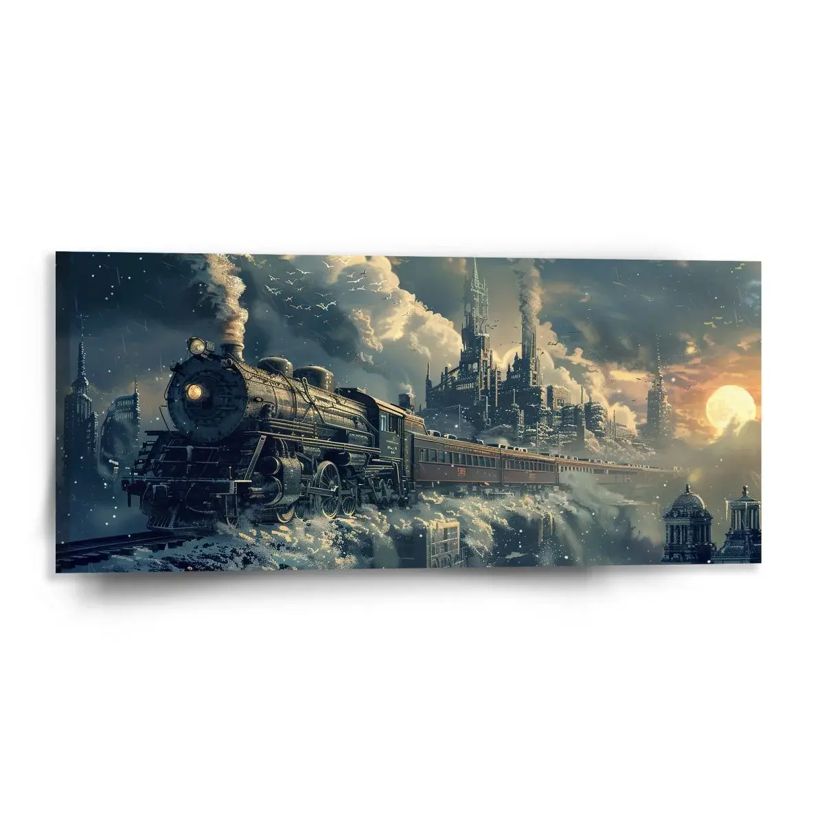 Obraz Parní lokomotiva v zasněženém městě - 110x50 cm