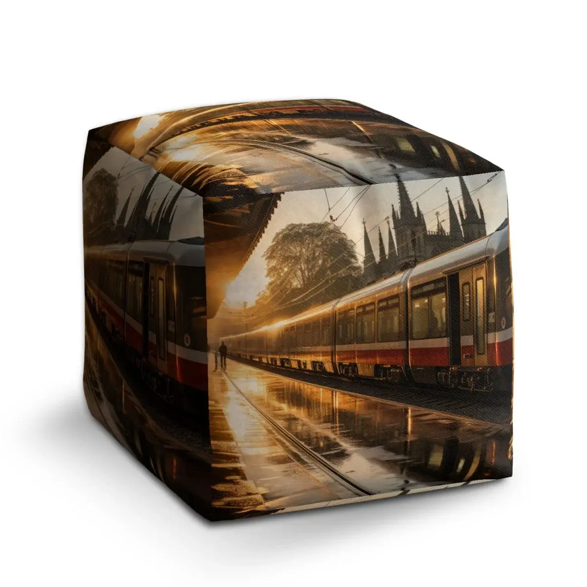 Taburet Cube Vlak na nádraží při východu slunce - 60x60x60 cm