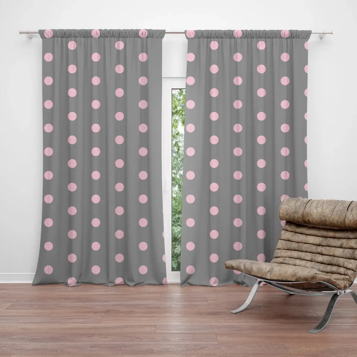 Závěs Růžové puntíky na šedé: 2ks 140x250cm