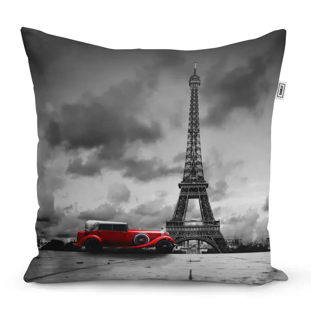 Polštář Eiffelova věž a červené auto - 50x50 cm