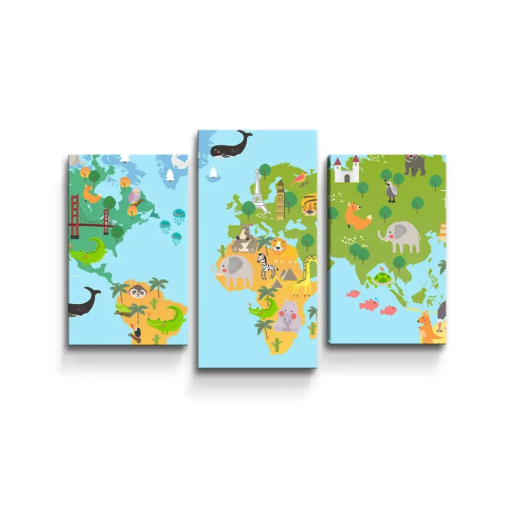 Obraz - 3-dílný Zvířecí mapa světa - 75x50 cm