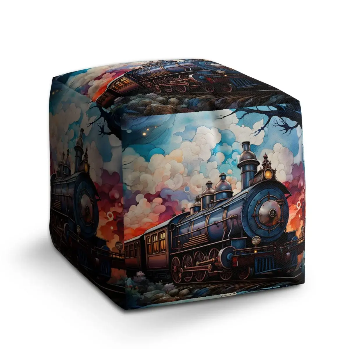 Taburet Cube Parní lokomotiva v kouzelné krajině - 40x40x40 cm