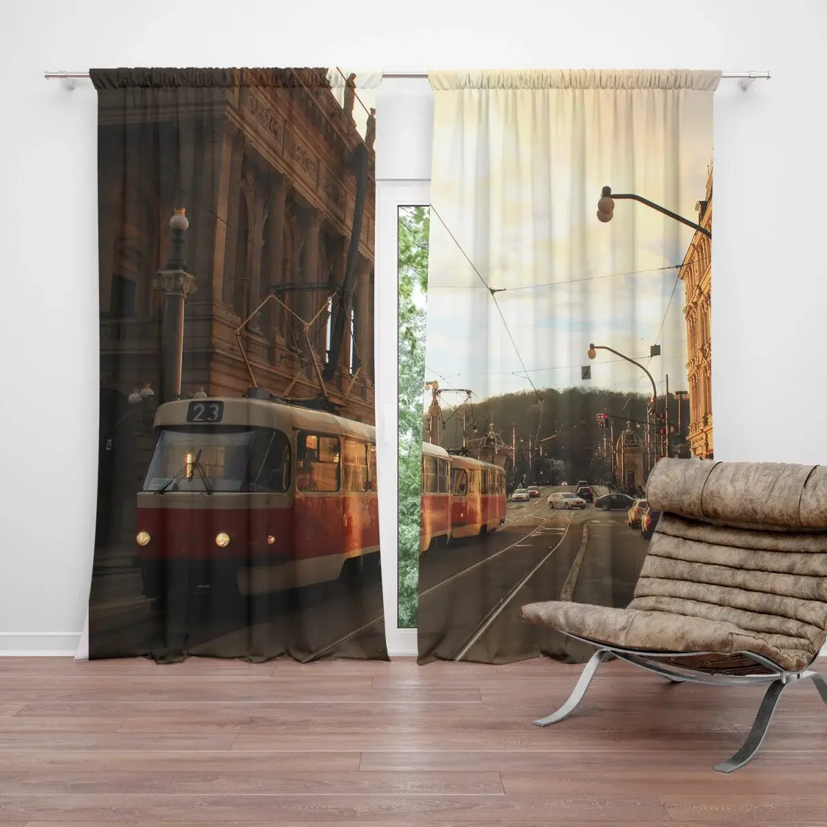 Závěs Tramvaj v historickém městě: 2ks 140x250cm
