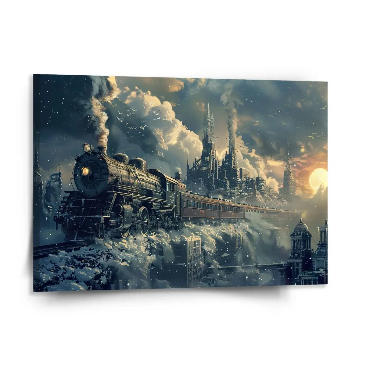 Obraz Parní lokomotiva v zasněženém městě - 150x110 cm