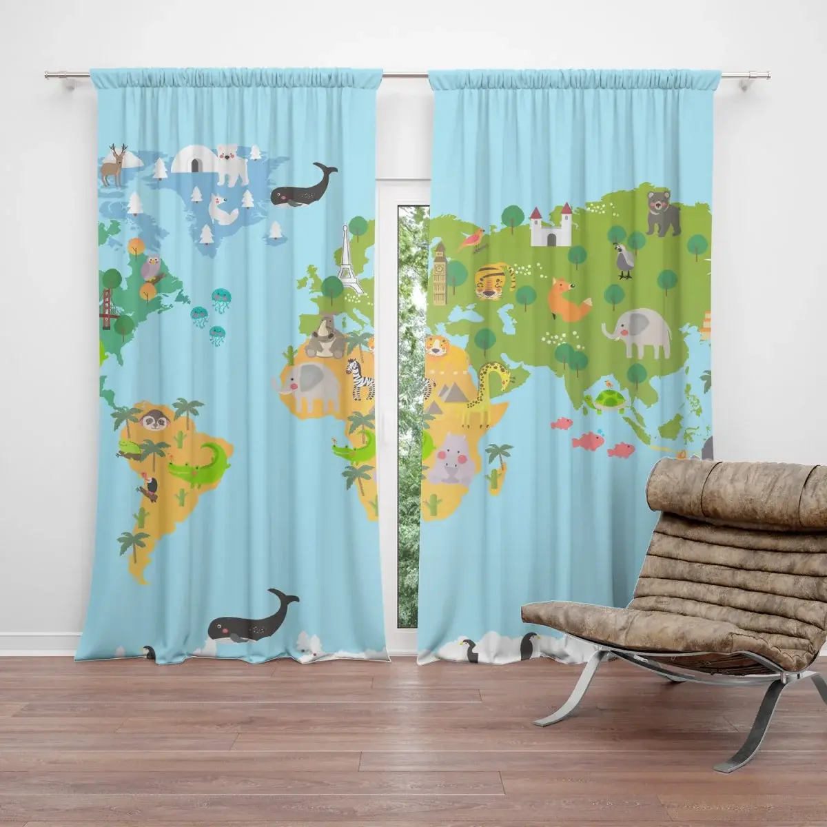 Závěs Zvířecí mapa světa: 2ks 140x250cm