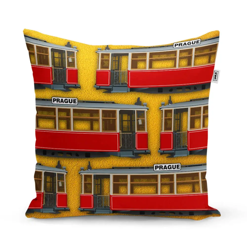 Polštář Pražské historické tramvaje Žlutý Pattern - 50x50 cm