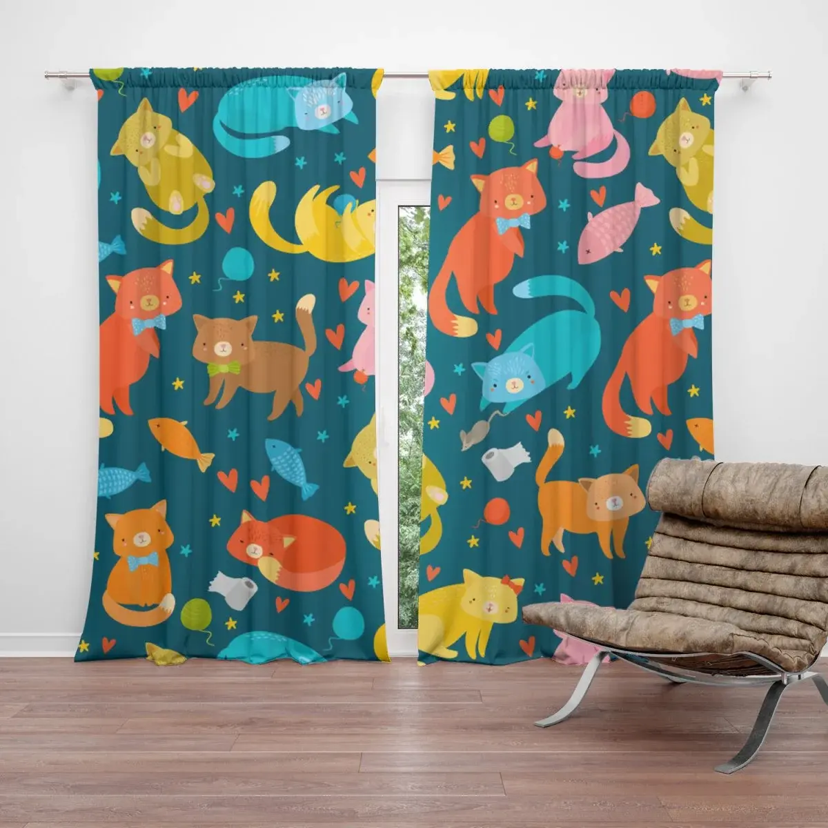 Závěs Kočky s rybkami: 2ks 140x250cm