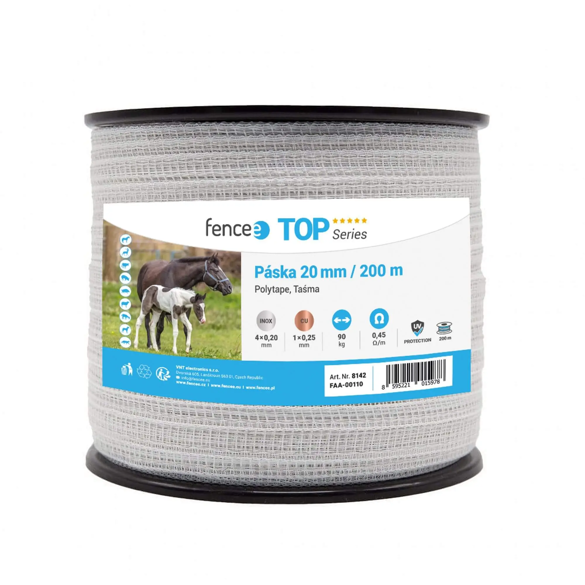 Páska pro elektrický ohradník, šířka 20 mm, bílá, délka 200 m, 0,45 Ω/m