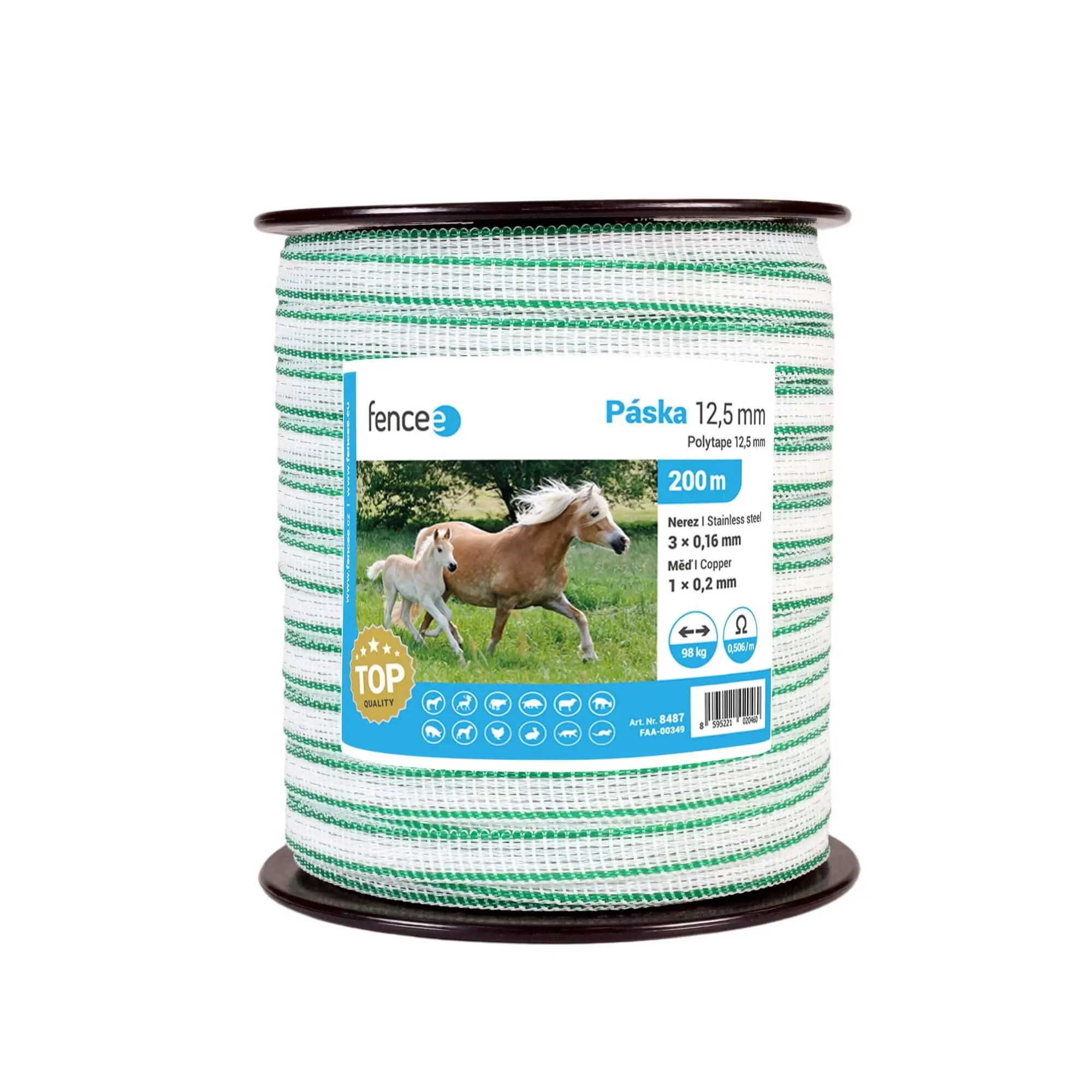 Páska pro elektrický ohradník 12,5 mm, bílo-zelená, 200 m, 0,5 Ω/m