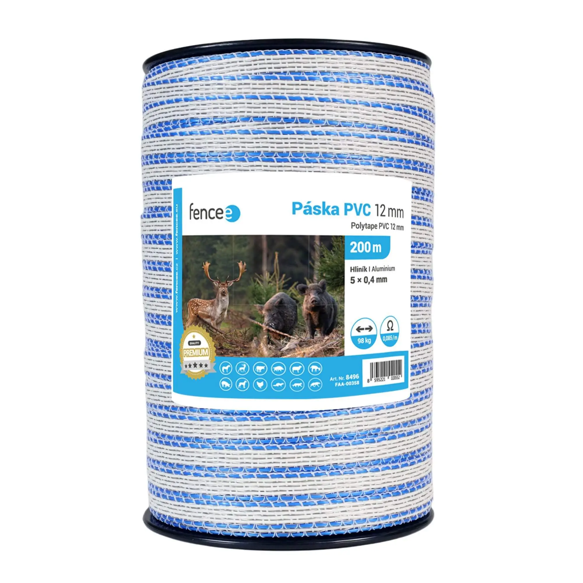 Páska PVC pro elektrický ohradník, šířka 12 mm, bílo-modrá, 200 m, 0,017 Ω/m