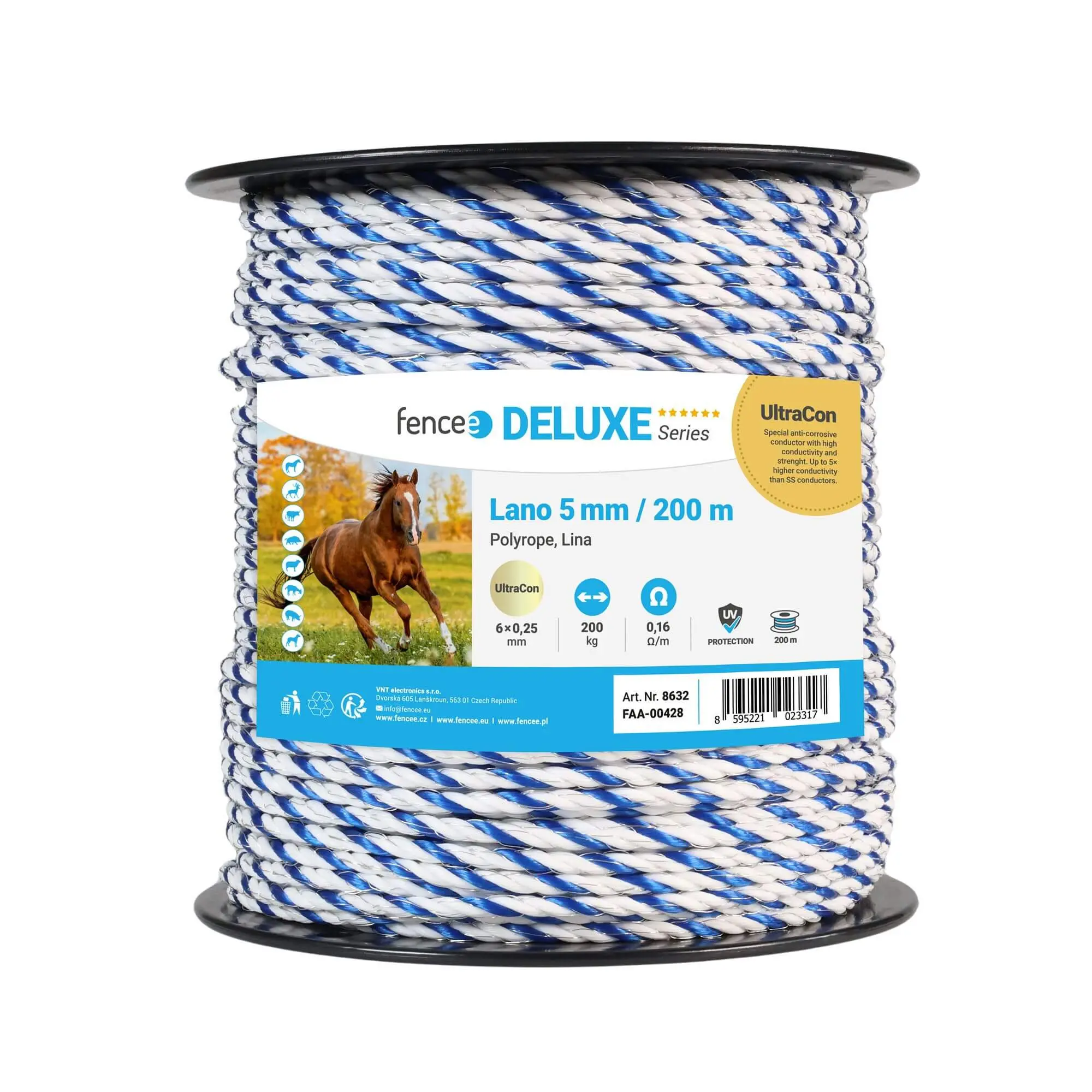 Lano pro elektrický ohradník, průměr 5 mm, modro-bílé, 200 m, 0,16 Ω/m
