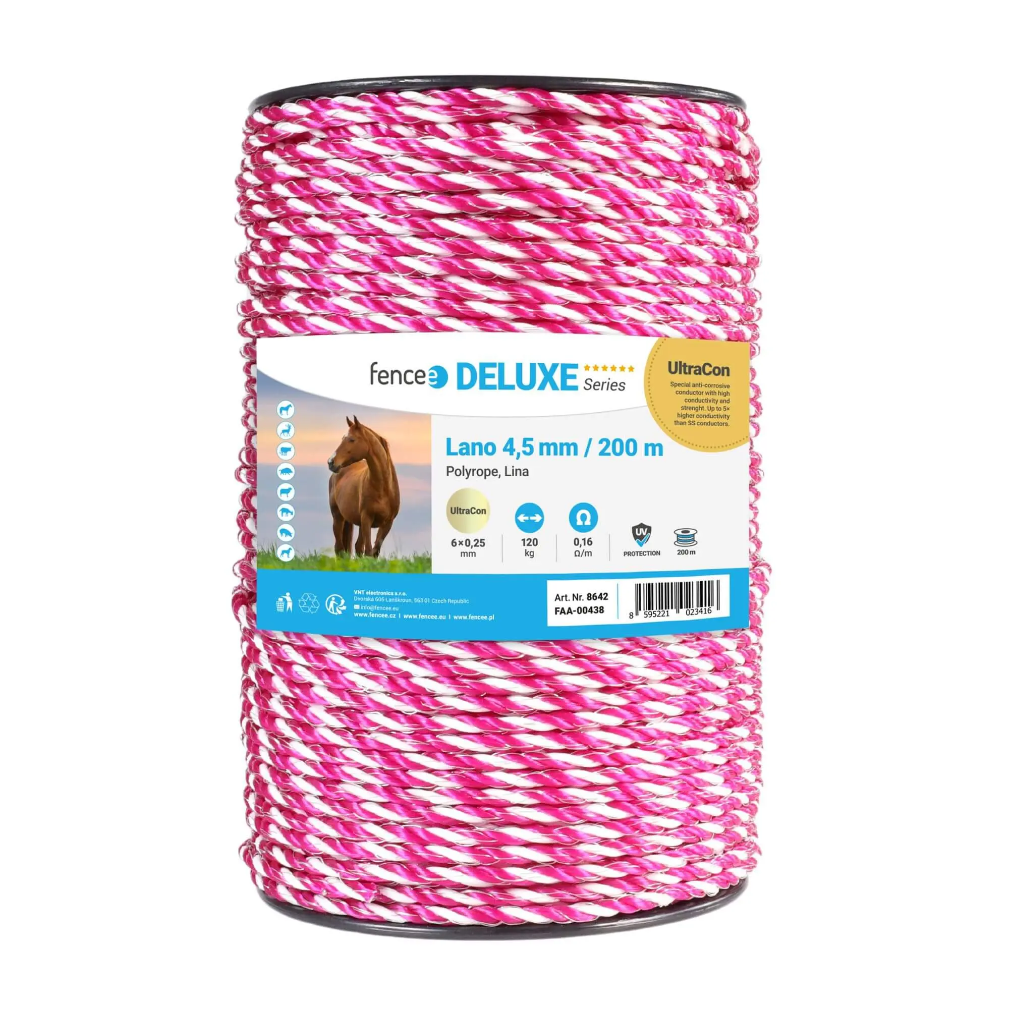 Lano pro elektrický ohradník, průměr 4,5 mm, růžovo-bílé, 200 m, 0,16 Ω/m