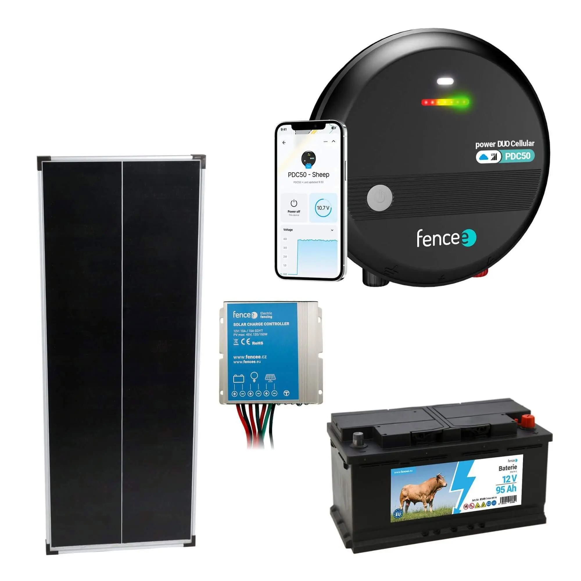 Sada solární elektrický LTE ohradník s výkonem 5 J, solární panel 100 W, regulátor a 12V baterie 95 Ah