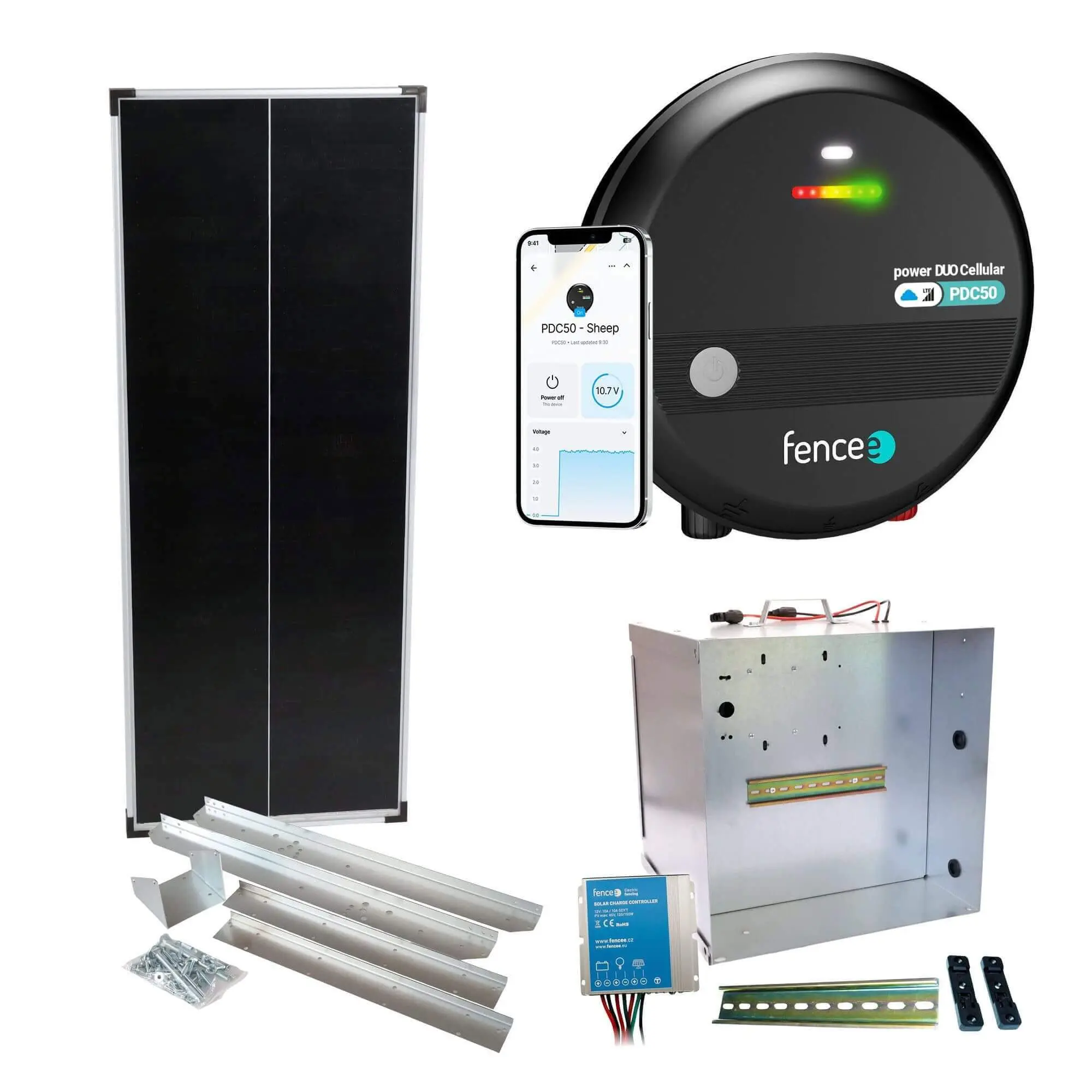 Premium sada solární ohradník - Kompletní přenosná schránka + 5J LTE chytrý zdroj, panel 100 W