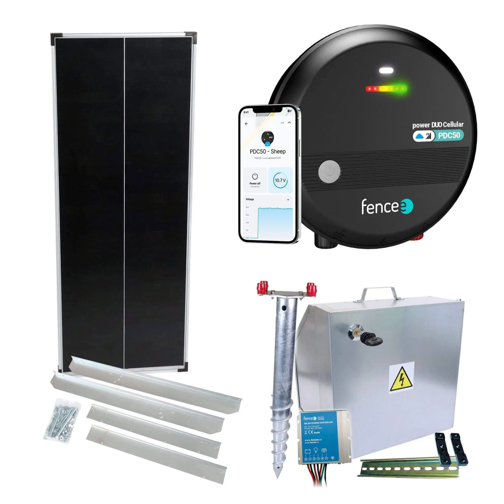 Premium sada solární ohradník - Kompletní bezpečnostní schránka + 5J LTE chytrý zdroj, panel 100 W