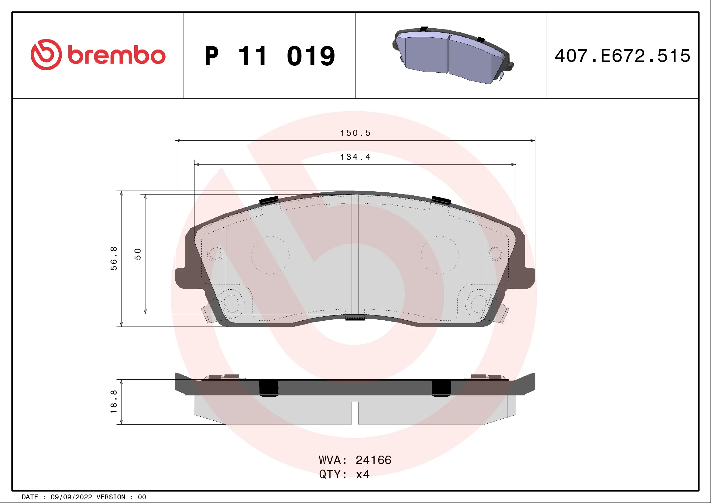 Sada brzdových destiček, kotoučová brzda BREMBO P 11 019