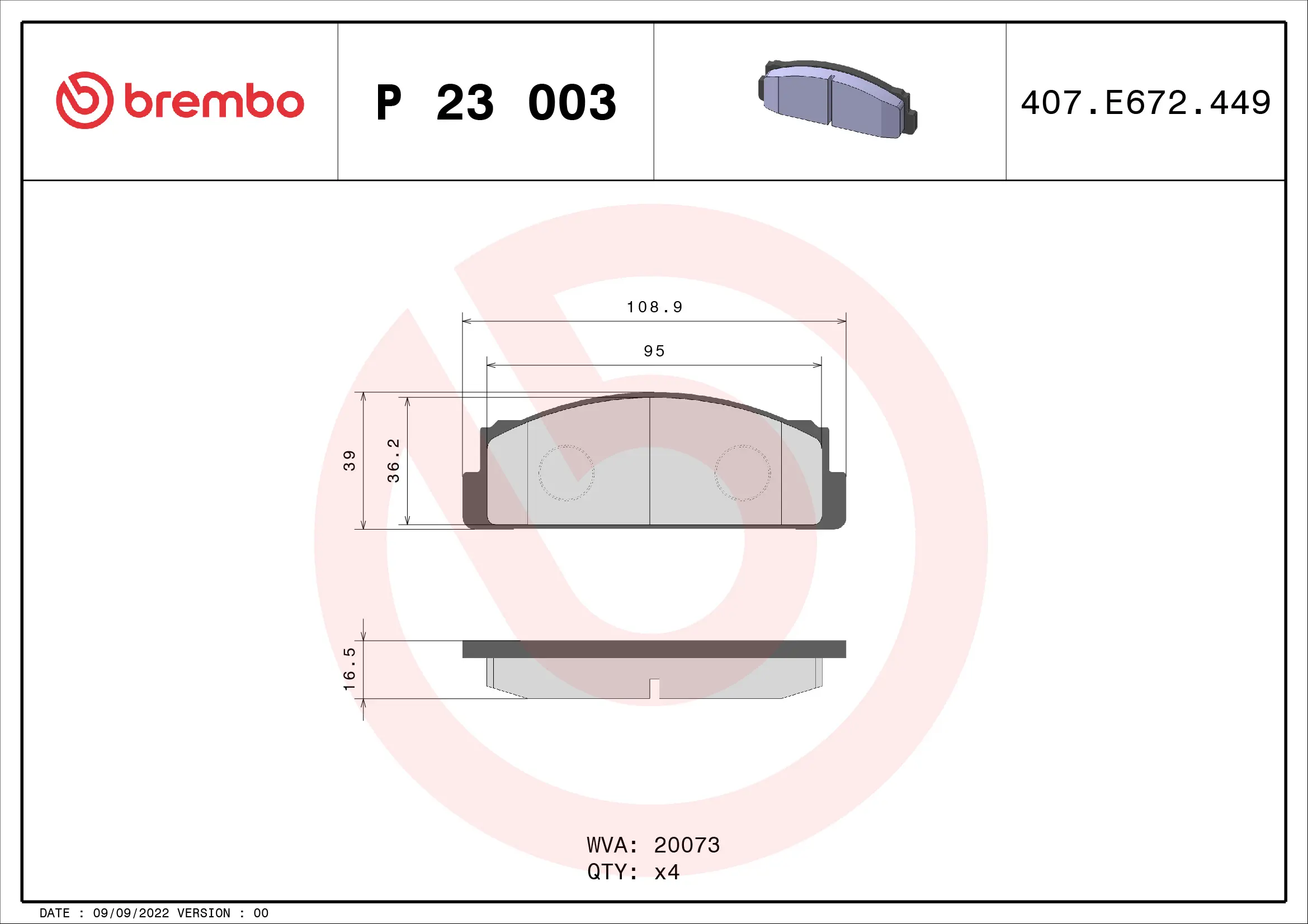 Sada brzdových destiček, kotoučová brzda BREMBO P 23 003