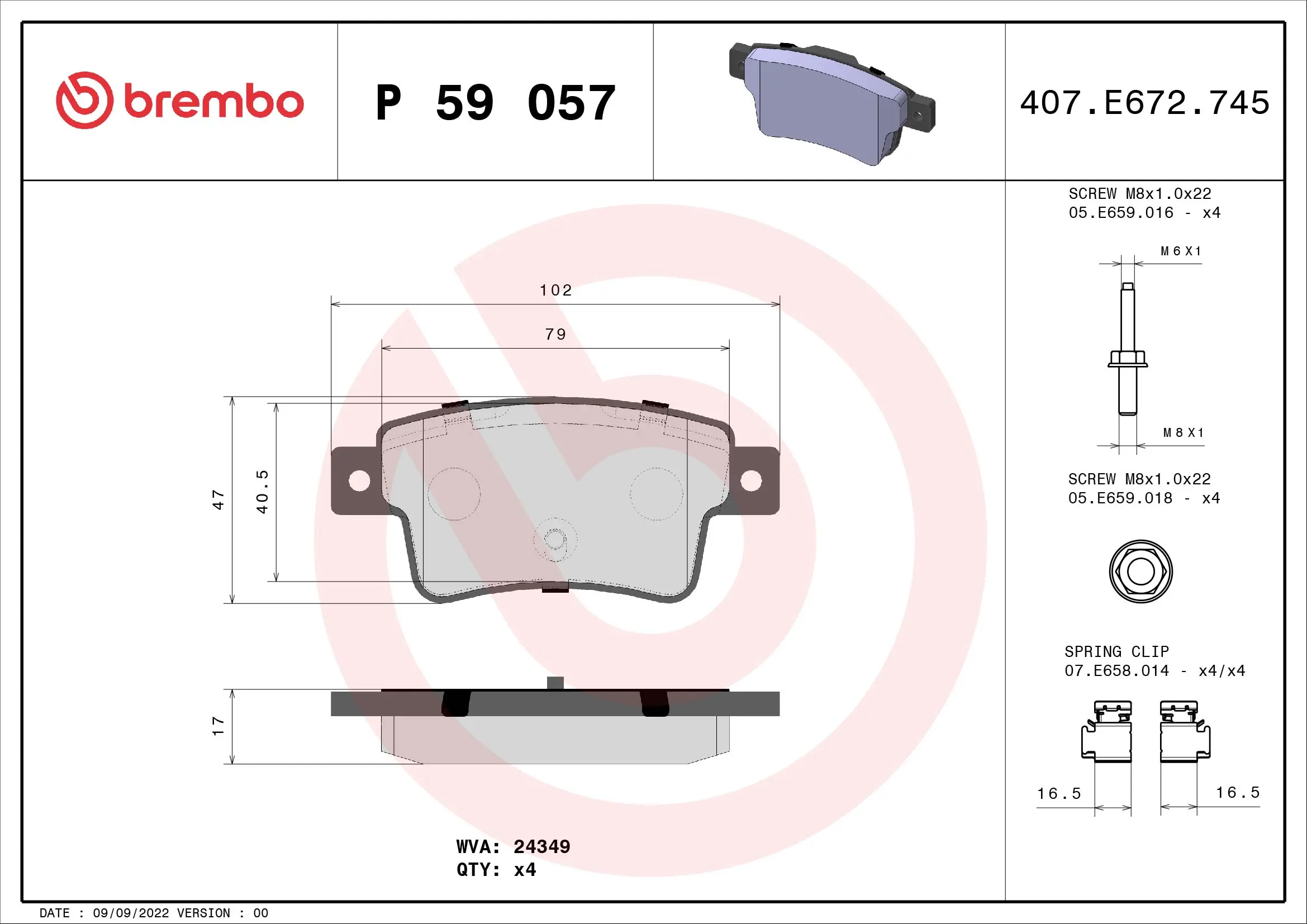 BREMBO Sada brzdových destiček, kotoučová brzda P59057