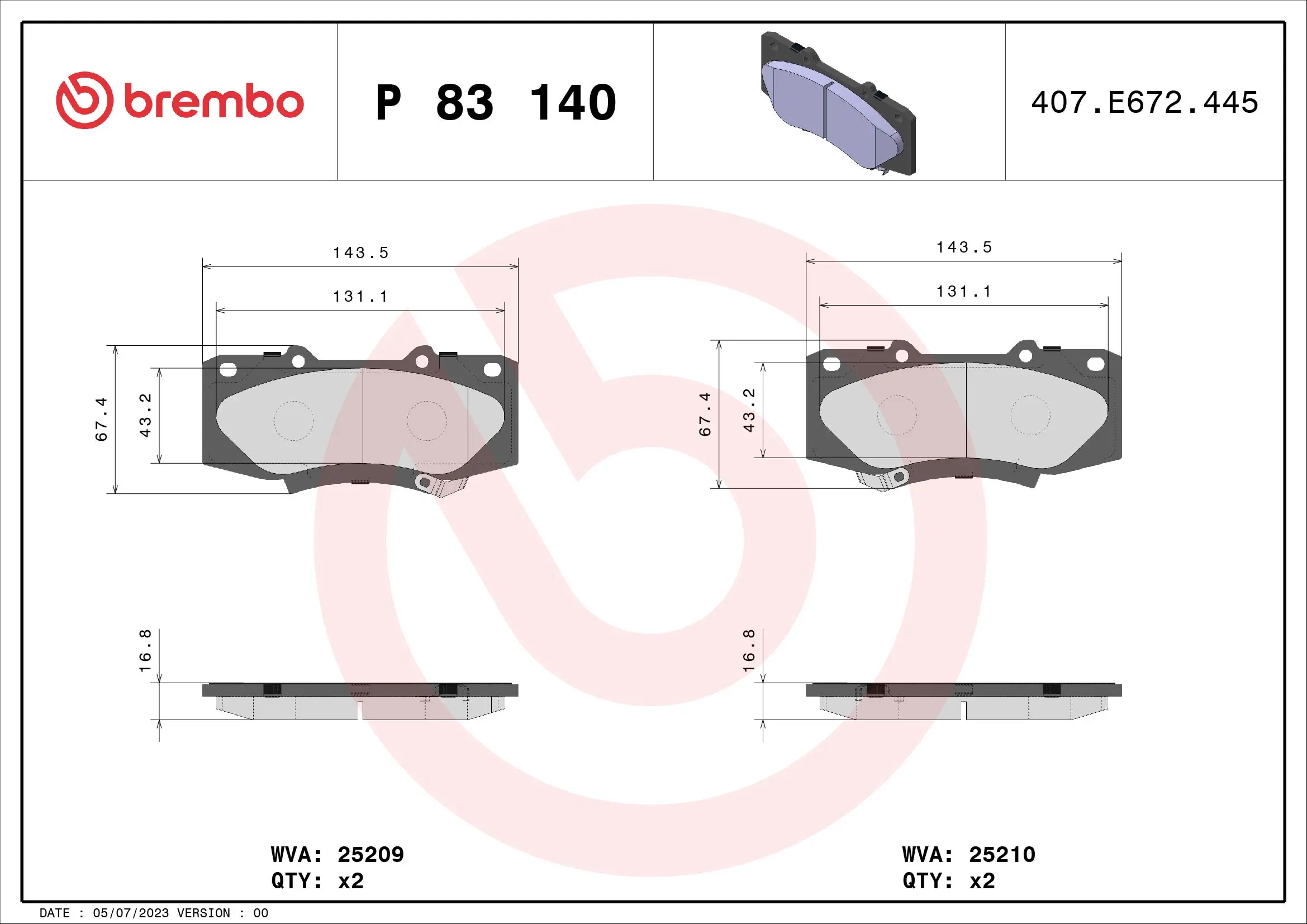 Sada brzdových destiček, kotoučová brzda BREMBO P 83 140