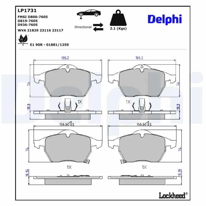 Sada brzdových destiček, kotoučová brzda DELPHI LP1731