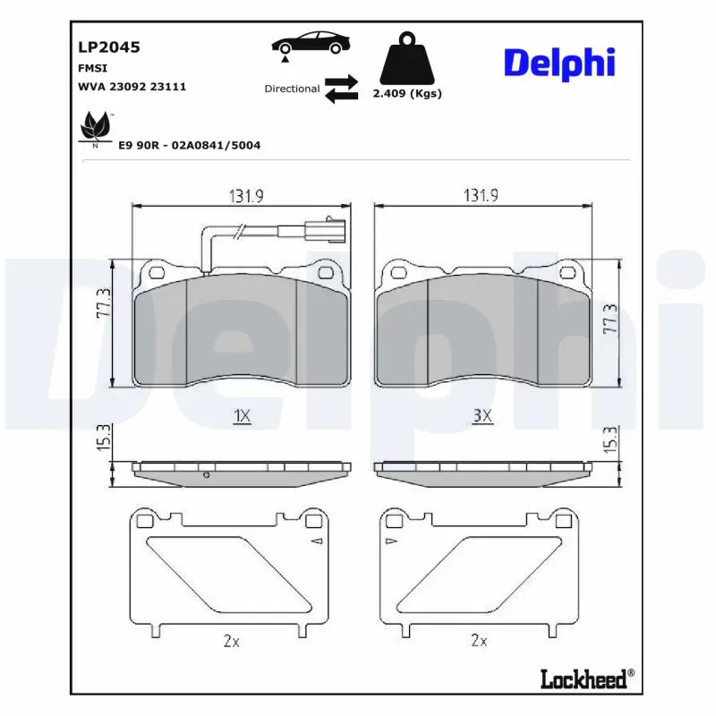 DELPHI Sada brzdových destiček, kotoučová brzda LP2045