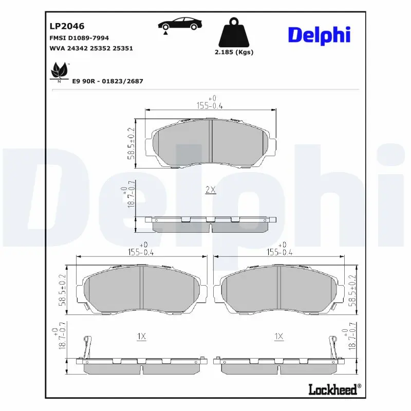 DELPHI Sada brzdových destiček, kotoučová brzda LP2046