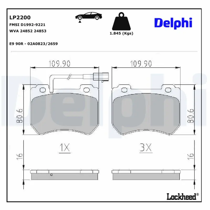 Sada brzdových destiček, kotoučová brzda DELPHI LP2200
