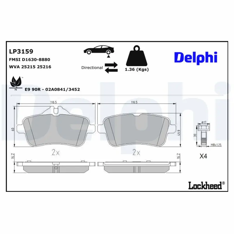 Sada brzdových destiček, kotoučová brzda DELPHI LP3159
